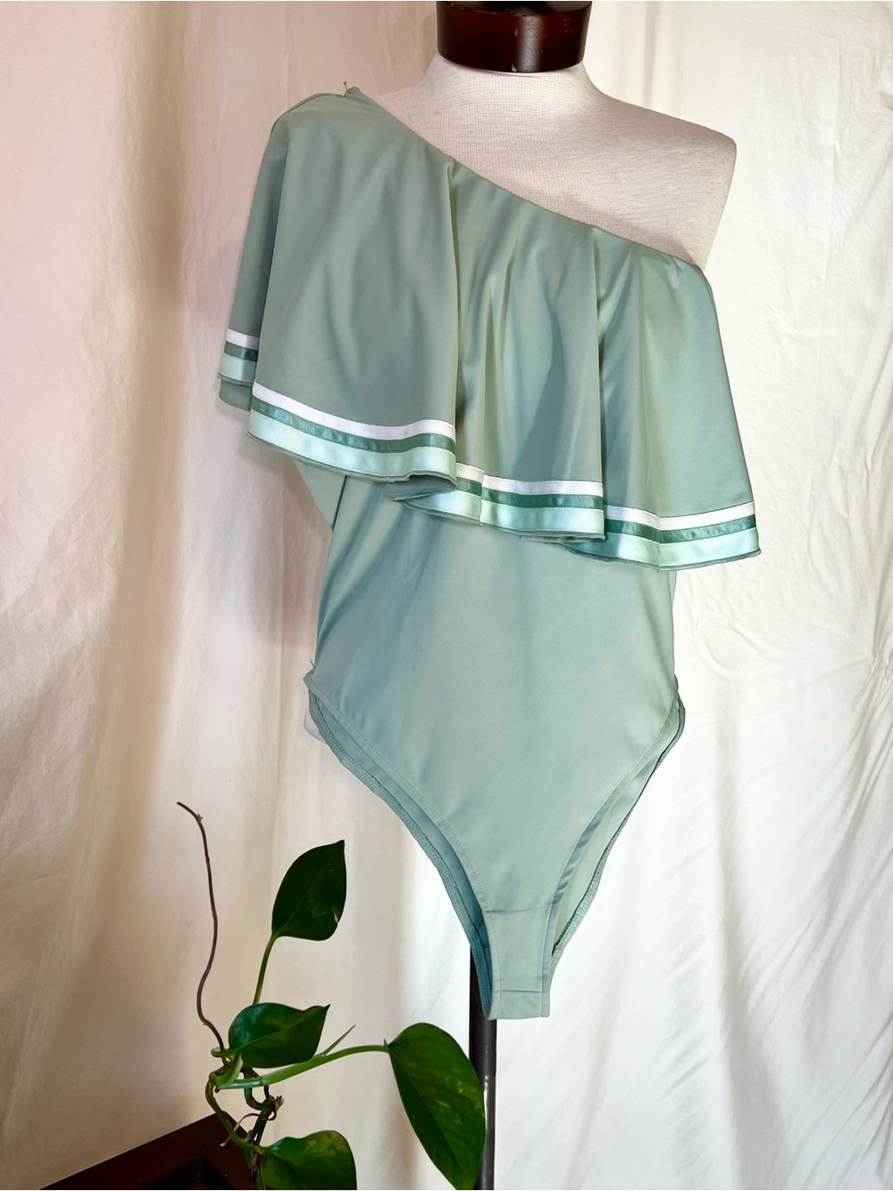 By Egreis Monique One-Shoulder Ruffle Swim Suit in Sage Green NWT